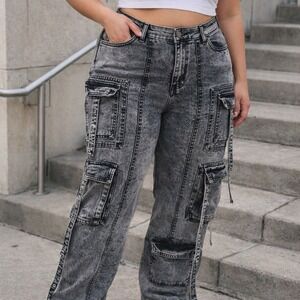 Size 18 Cargo Jeans NWT  Stretch Acid Wash Gray Mid Rise Utility Y2K Plus Size